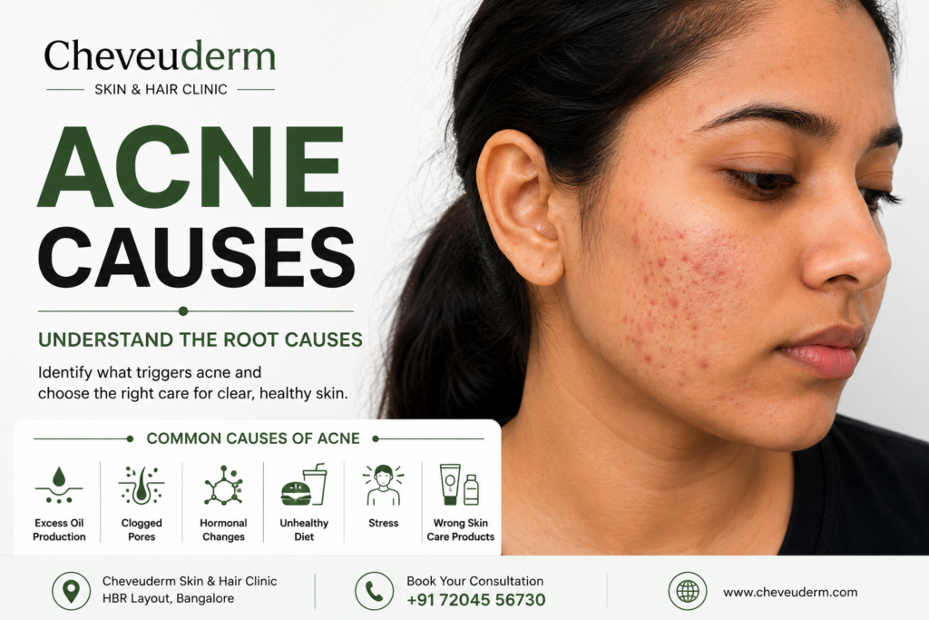 Acne on the face with common causes and treatment guidance from Cheveuderm Bangalore