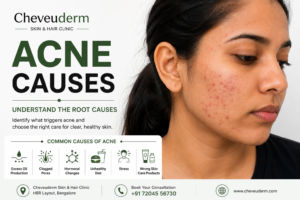Acne on the face with common causes and treatment guidance from Cheveuderm Bangalore