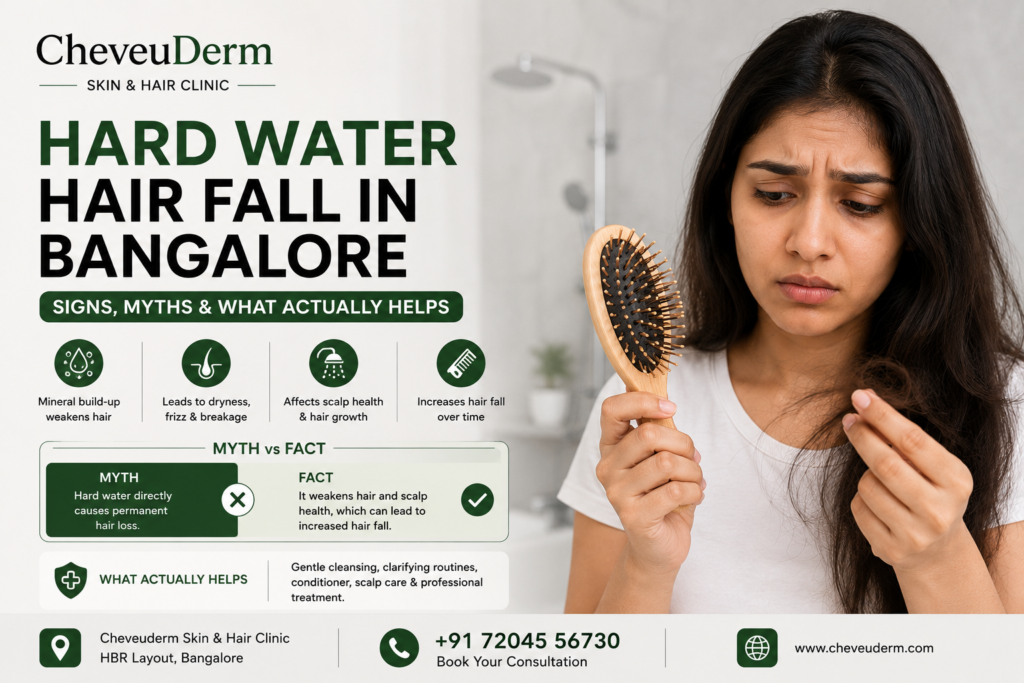 Hard water hair fall in Bangalore showing dryness, breakage, mineral buildup and scalp concerns