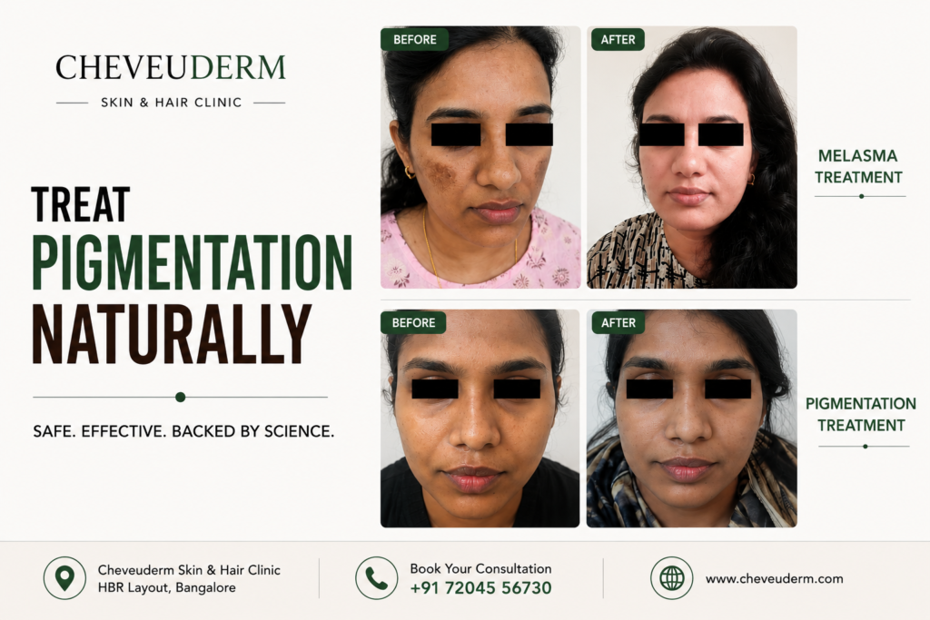 Real patient before and after pigmentation treatment results at Cheveuderm Bangalore