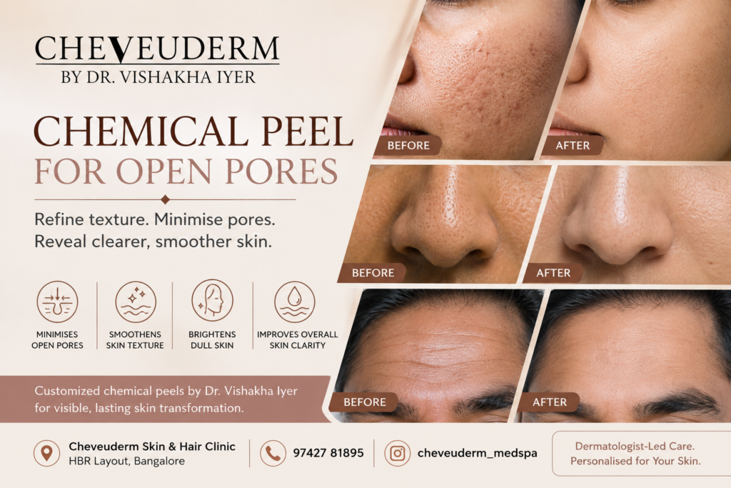 Chemical peel for open pores at Cheveuderm Bangalore to improve skin texture and minimise visible pores