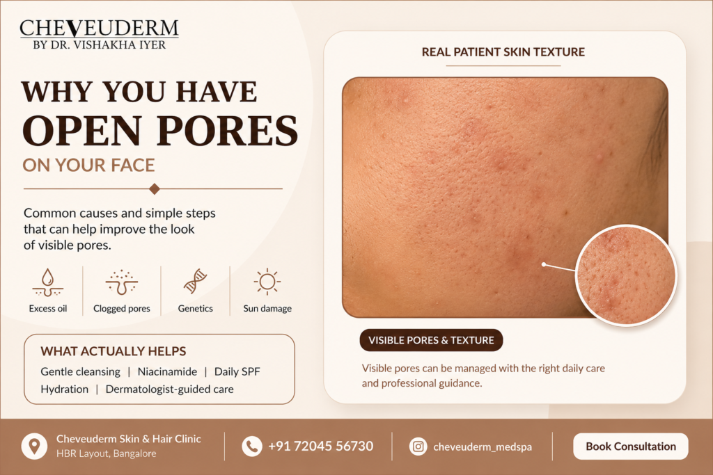 Real patient skin texture showing visible open pores with common causes and daily skincare tips