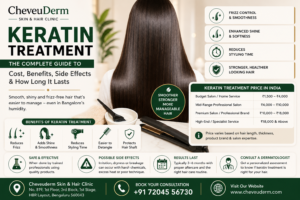 Keratin treatment guide showing smooth hair, benefits, price in India, side effects and how long results last